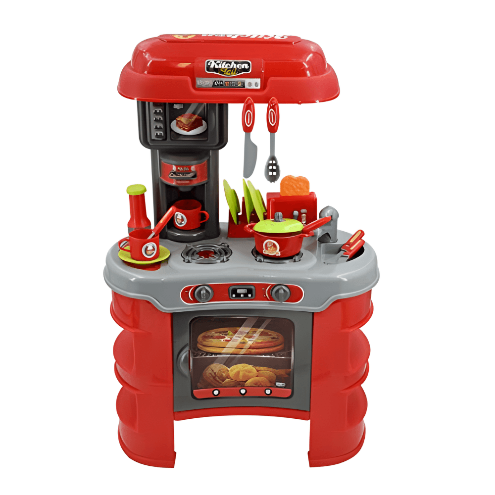Cocina Juguete Infantil Plastico Rojo Gris Utensilios Ollas Tazas Platos Estufa Horno Accesorios Juego