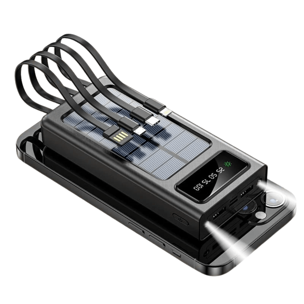 Cargador Portatil Solar 12000 Mah Power Bank Cable Integrado Exterior Negro