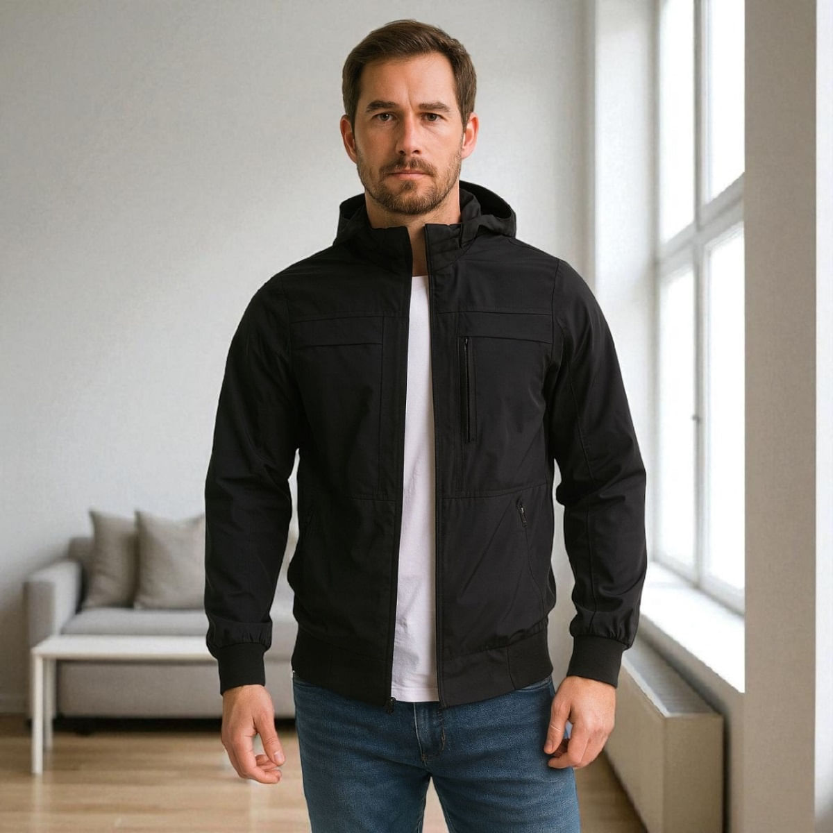 Chaqueta Impermeable Para Hombre Con Capucha Removible Bora Negra