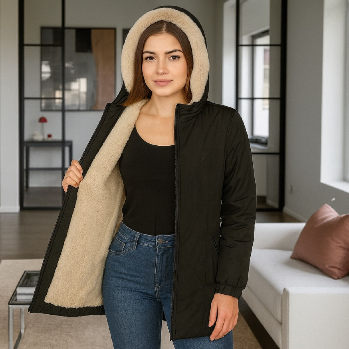 Chaqueta para Mujer con Capucha e Interior en Tela Ovejera Adhara Negro