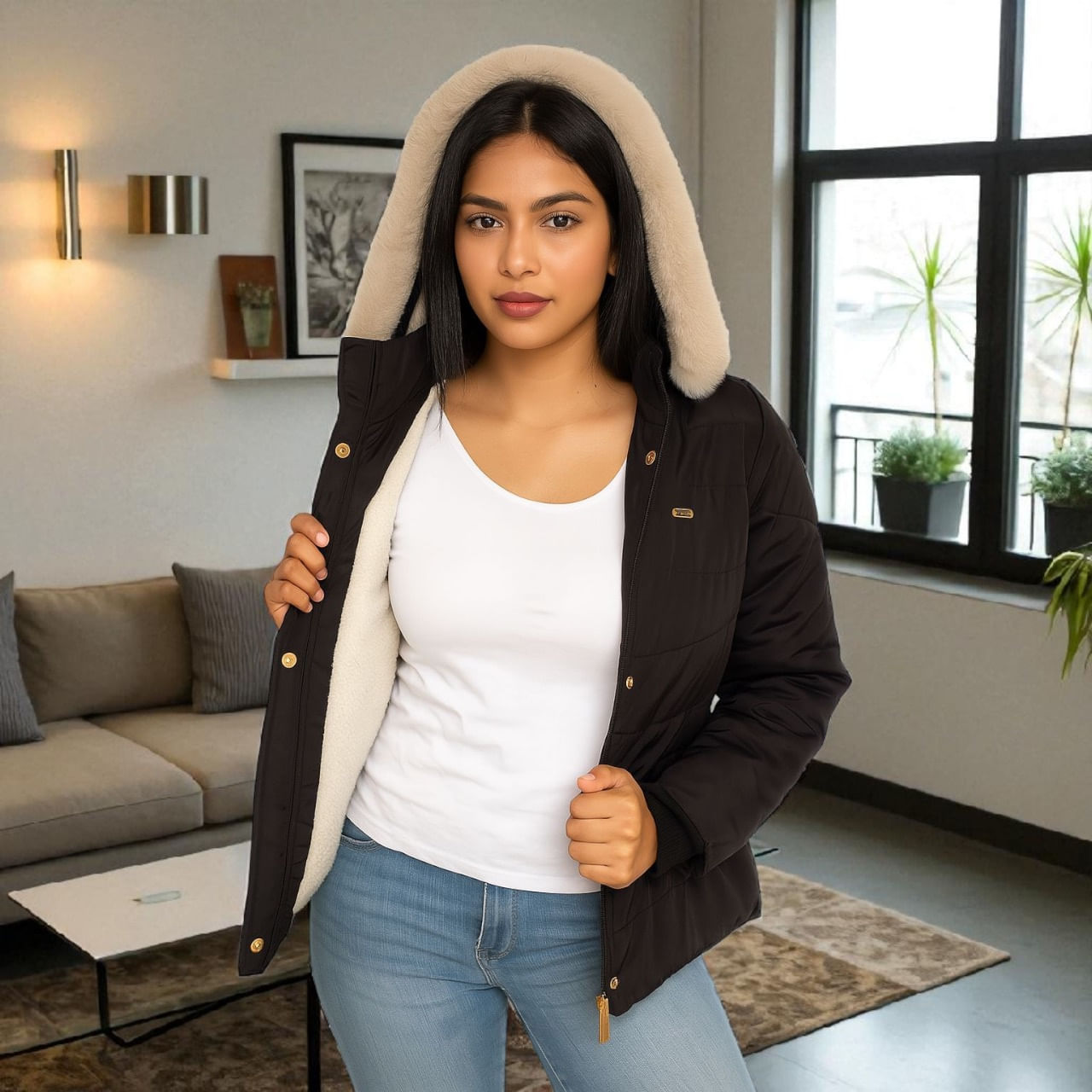 Chaqueta para Mujer con Capucha e Interior en Tela Ovejera Wendy Negro