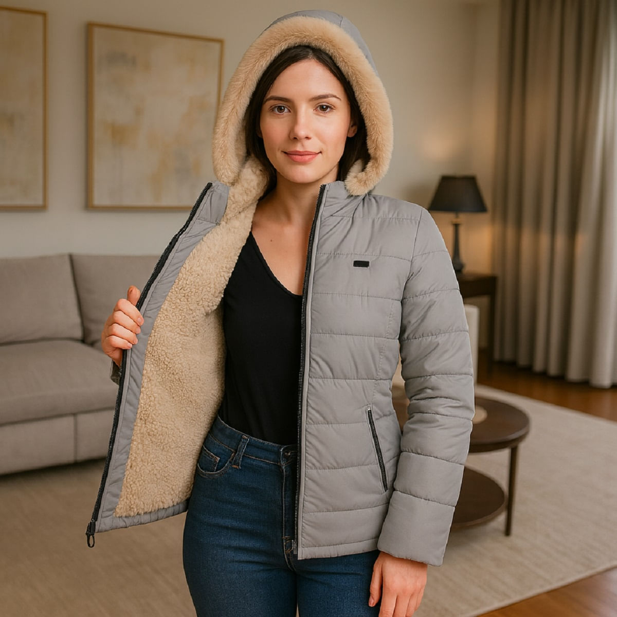 Chaqueta para Mujer con Capucha e Interior en Tela Ovejera Zara Gris Perla