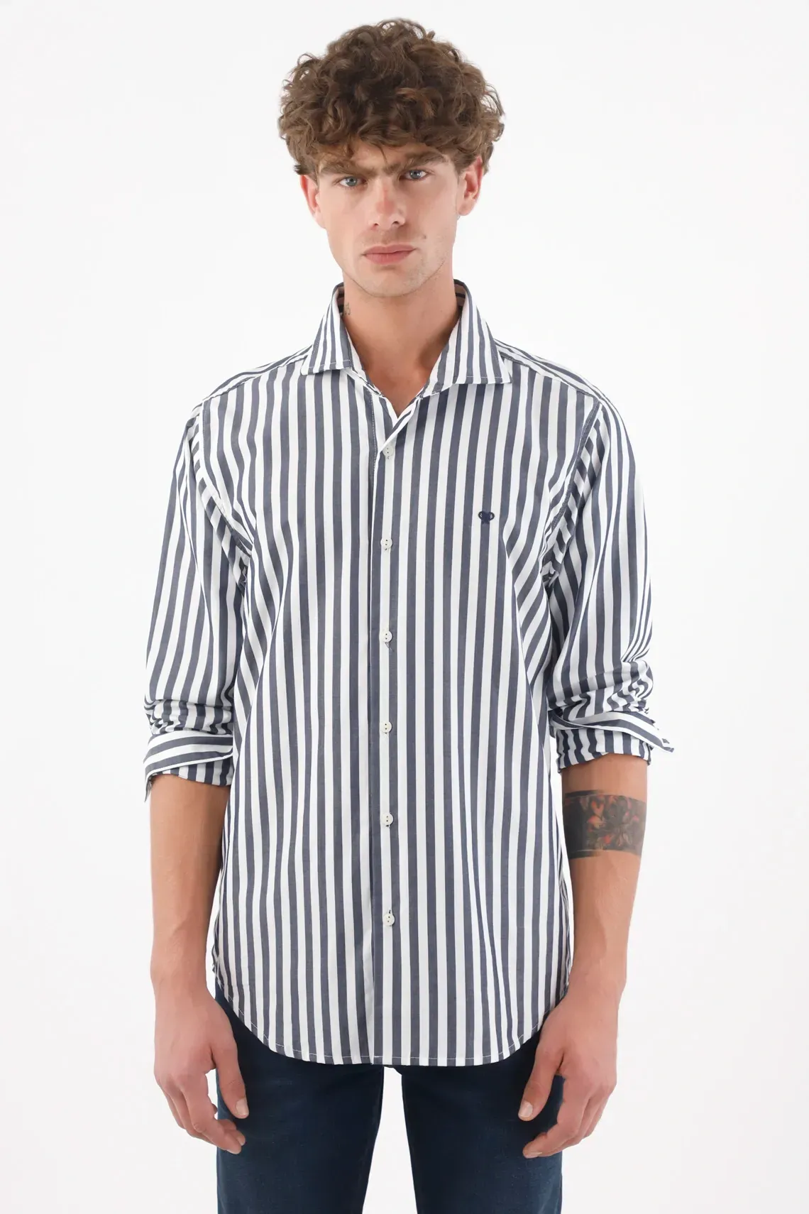 Camisa para hombre algodón azul a rayas corte recto preteñida