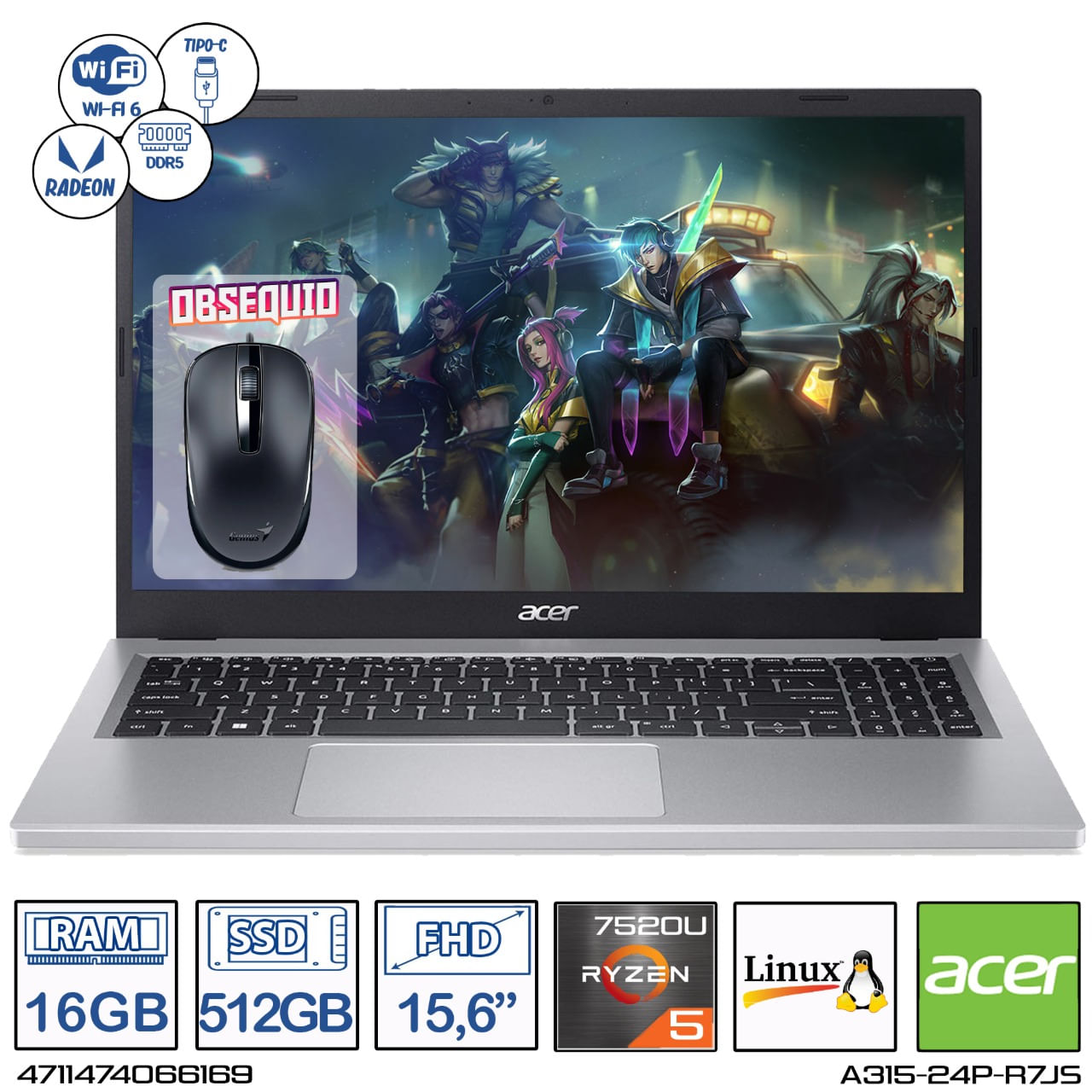 Computador Acer A315-24P-R7JS AMD Ryzen 5-7520U Ram 16GB - 512GB  FHD  15,6