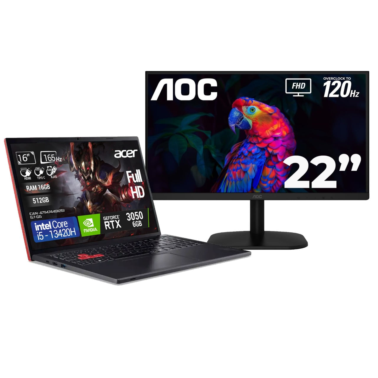 Computador Portátil Gamer ACER NITRO 57-G5 - Intel Core i5-13420H RAM 16GB - Disco 512GB - RTX 3050 + Monitor AOC 120Hz