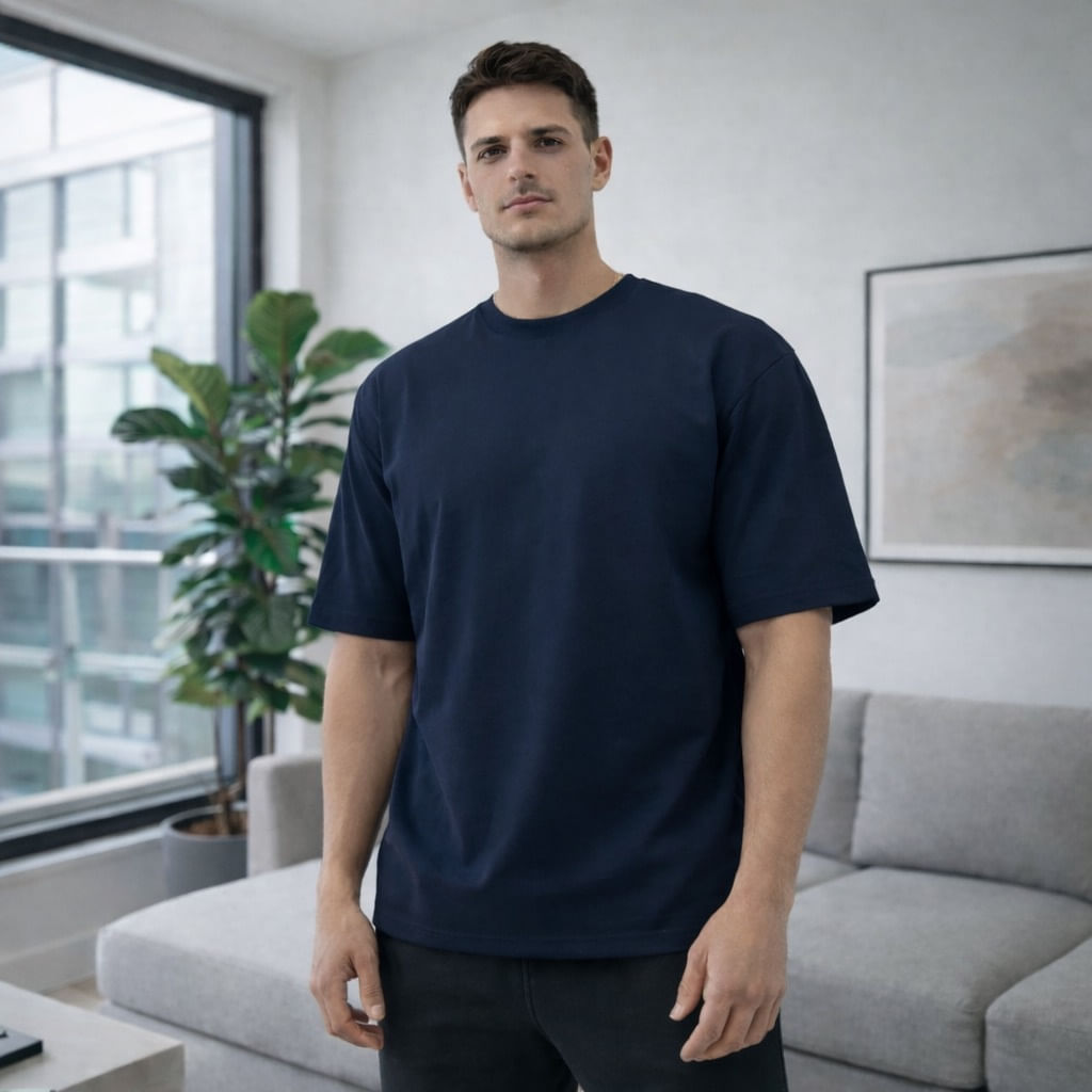 Camiseta Oversize Unicolor en Tela Burda 240g Azul Oscuro. Suave, Cómoda y Moderna.
