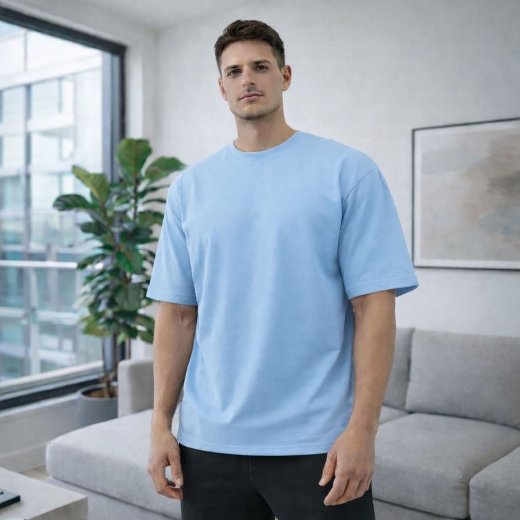 Camiseta Oversize Unicolor en Tela Burda 240g Azul Claro. Suave, Cómoda y Moderna.