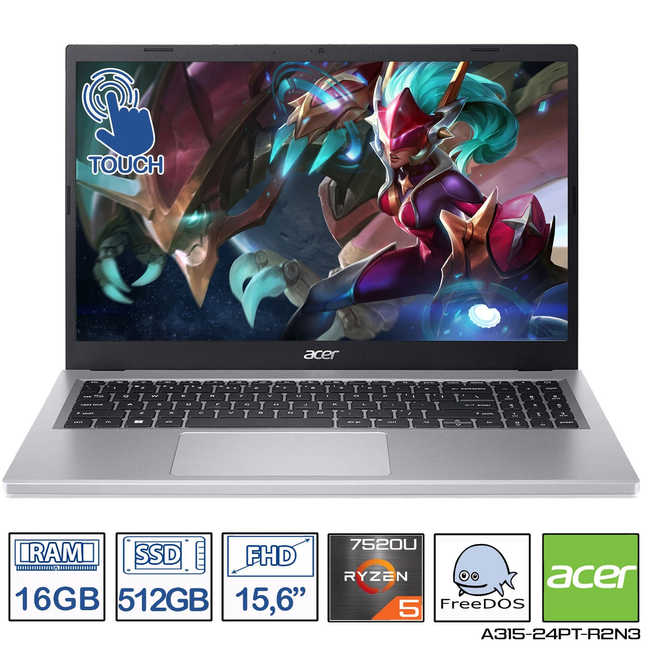 Portátil 15,6' Acer AMD R5-7520U Ram 16GB 512GB SSD Silver