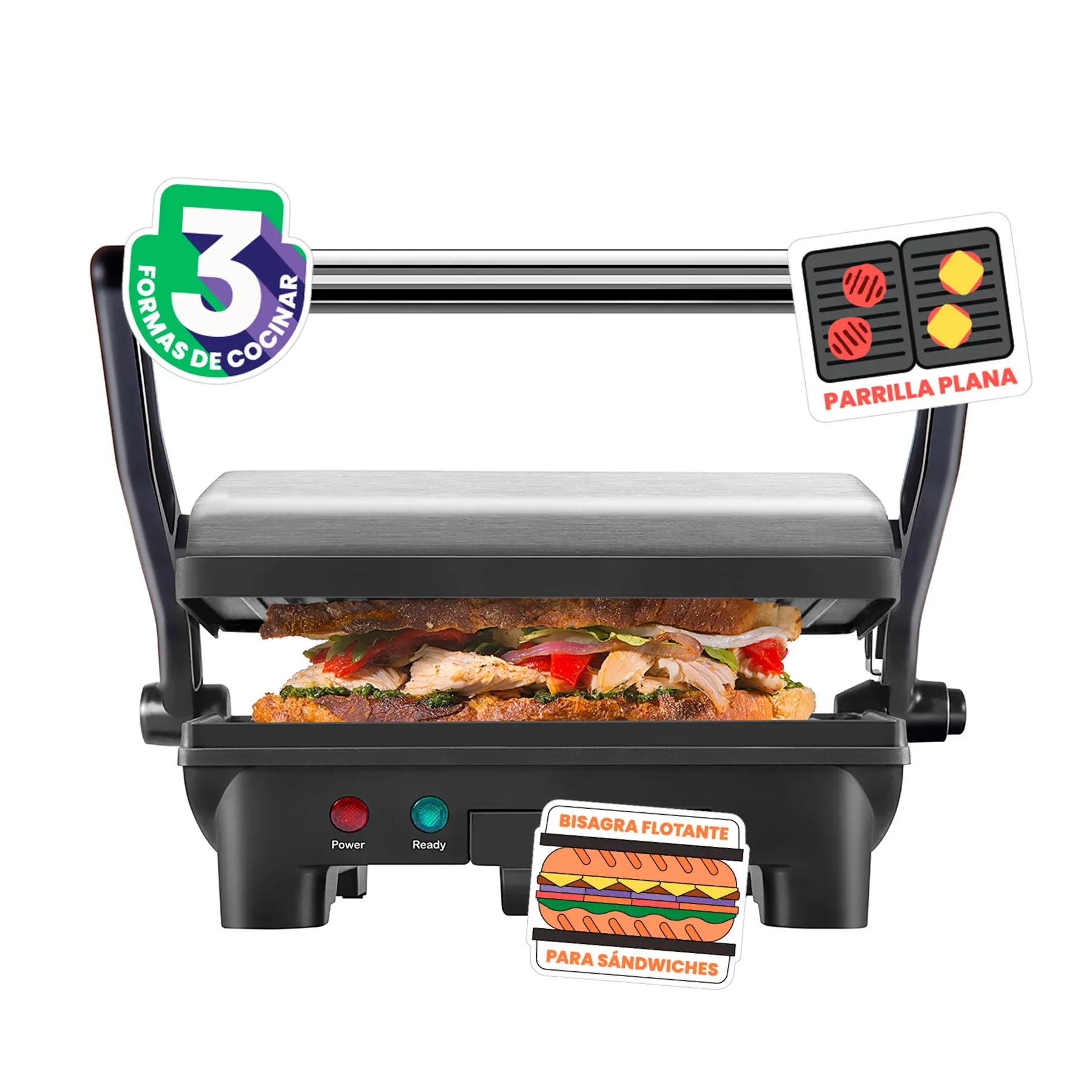Parrilla Prensa Panini - Apertura 180 Grados Chefman -  Rj02-180-R-Mx