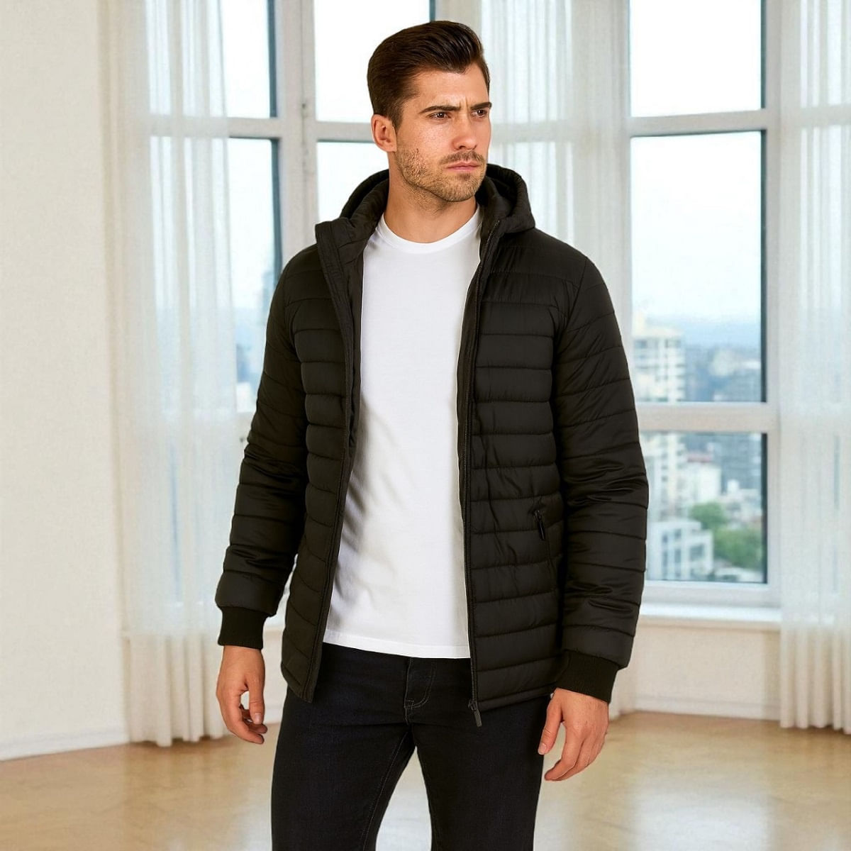 Chaqueta Impermeable Para Hombre Con Capucha Removible Santino Negra