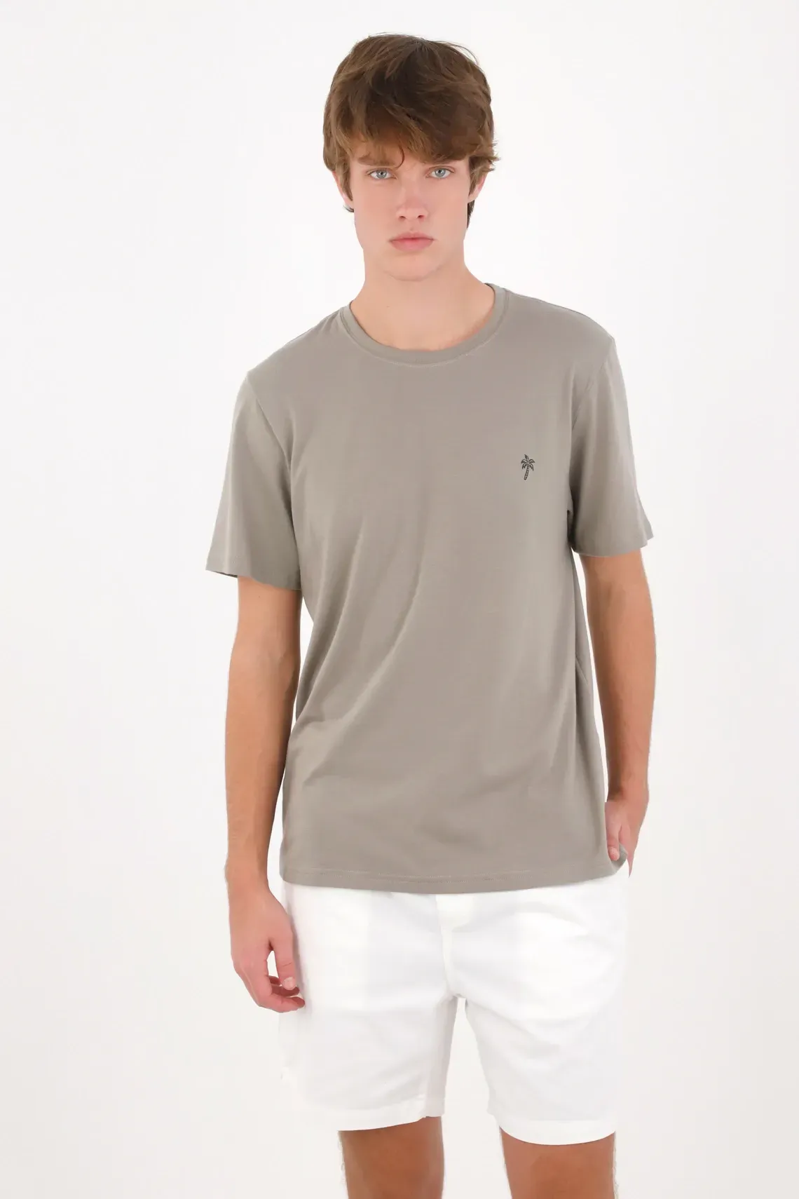 Camiseta corte regular con mini palmera al pecho de algodón gris topo para hombre