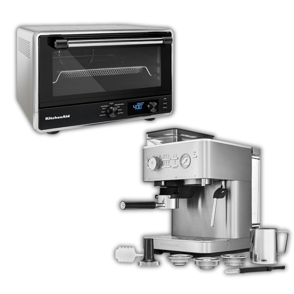Combo máquina de café espresso semiautomática stainless steel + Horno digital con Air Fry y aditamento para pizza
