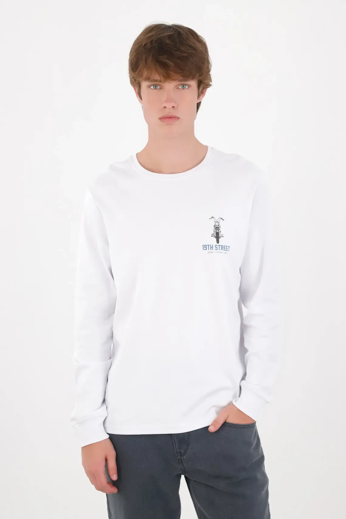 Camiseta manga larga fit clásico con mini print 19th Street en algodón blanco para hombre