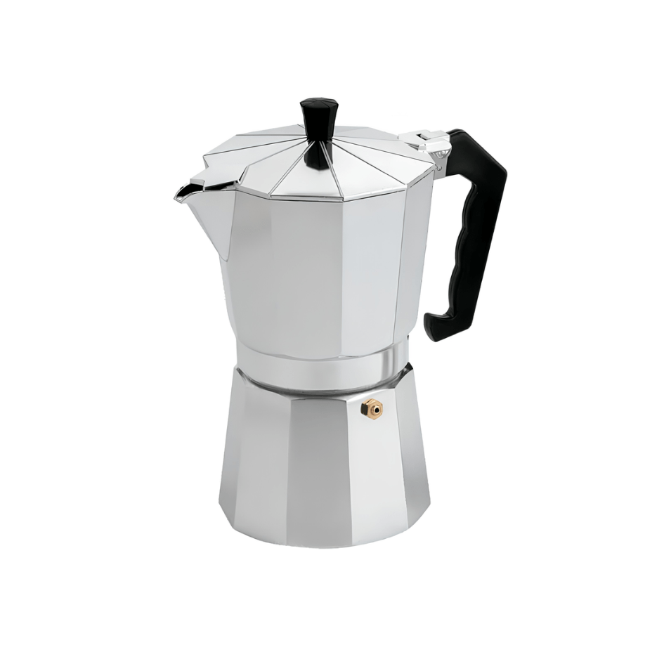 Cafetera Italiana Aluminio Brillante Capacidad 9 Tazas Mango Negro Pomo Superior Valvula Seguridad F