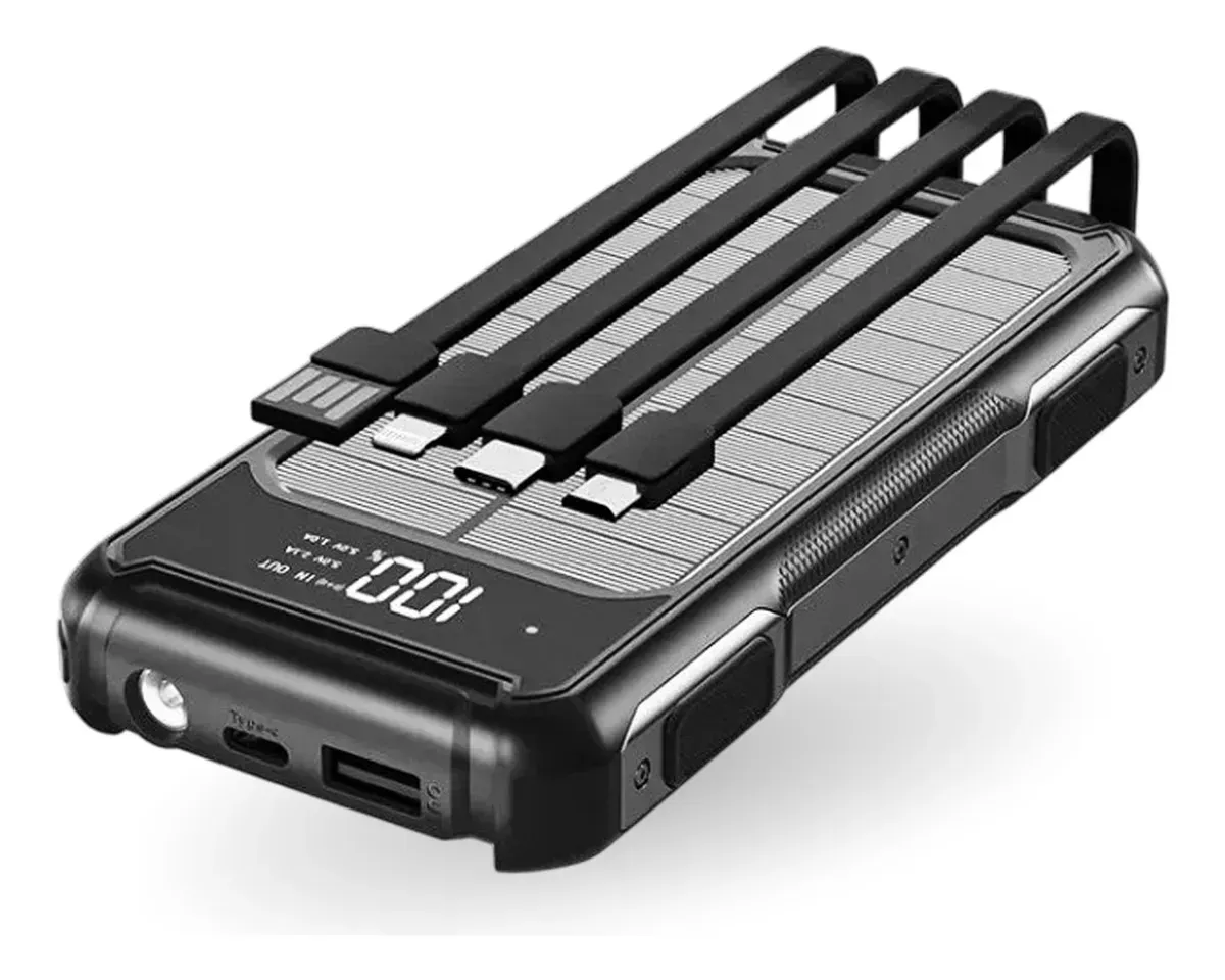 Power Bank Solar 25.000mah Todo Terreno Cargador Portátil 4 Cables Integrados