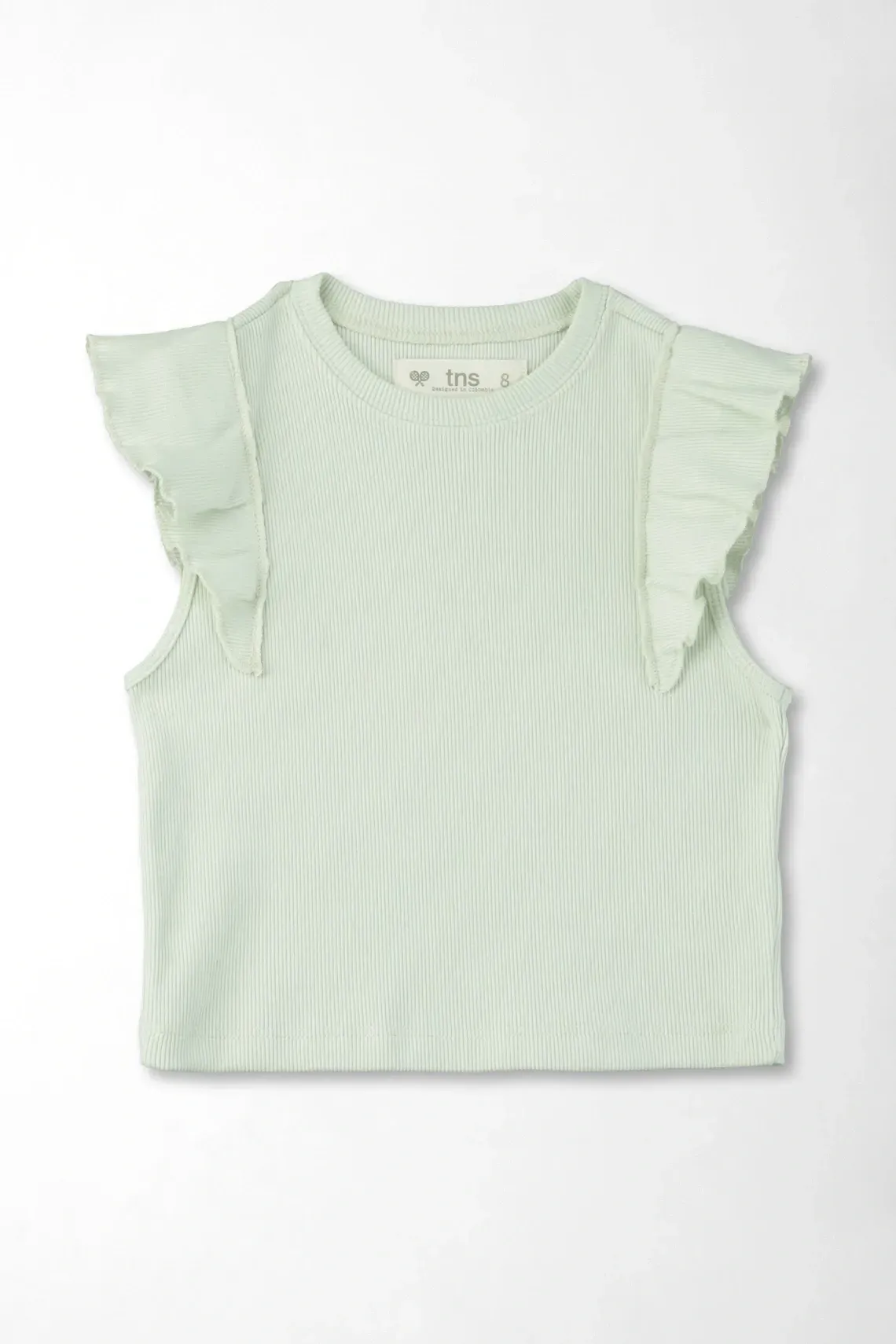 Camiseta regular fit con volantes en algodón verde menta para niña