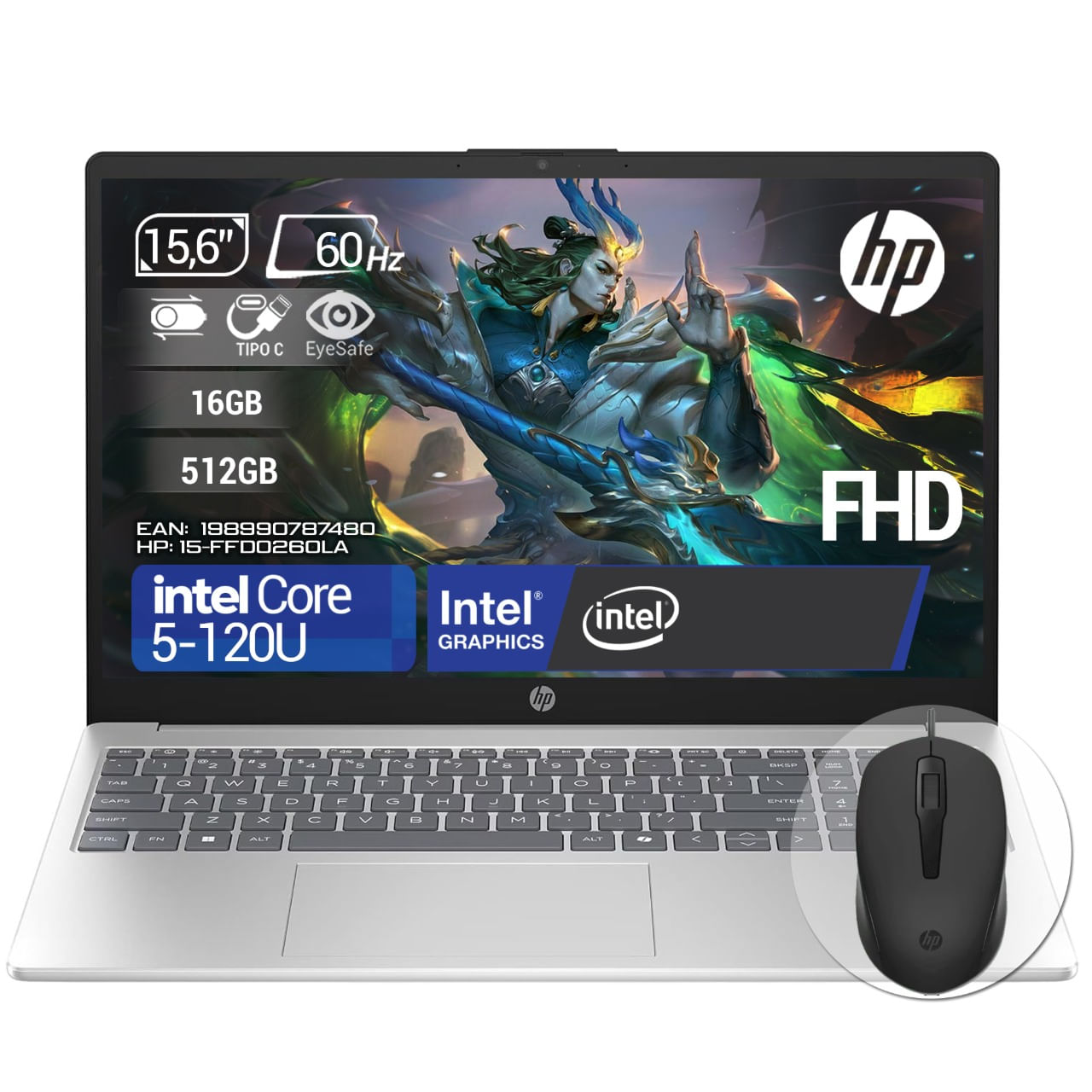 Computador Portátil Hp 15fd0260la Intel Core 5-120U Ram 16GB - 512GB FHD + Mouse Hp 150