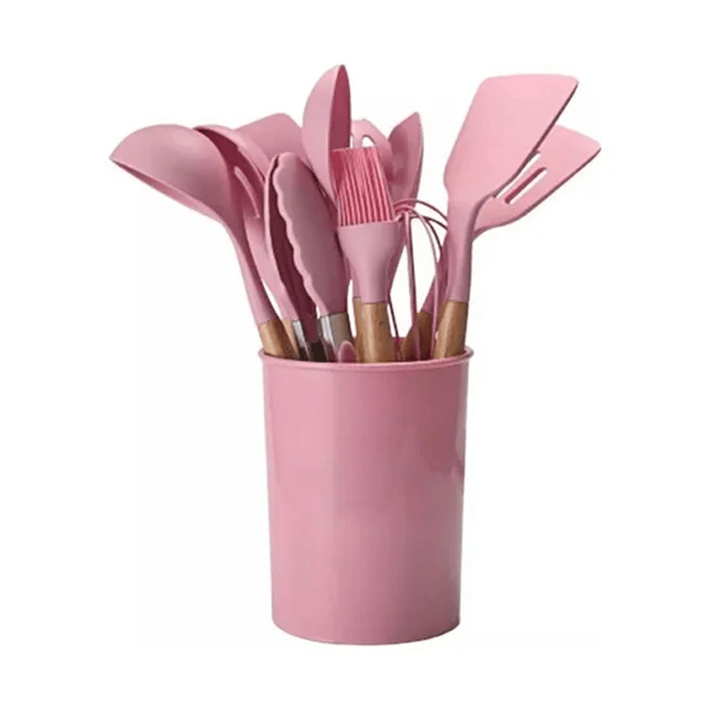 Set 12 Utensilios Cocina Esenciales Silicona Resistentes Color Rosa