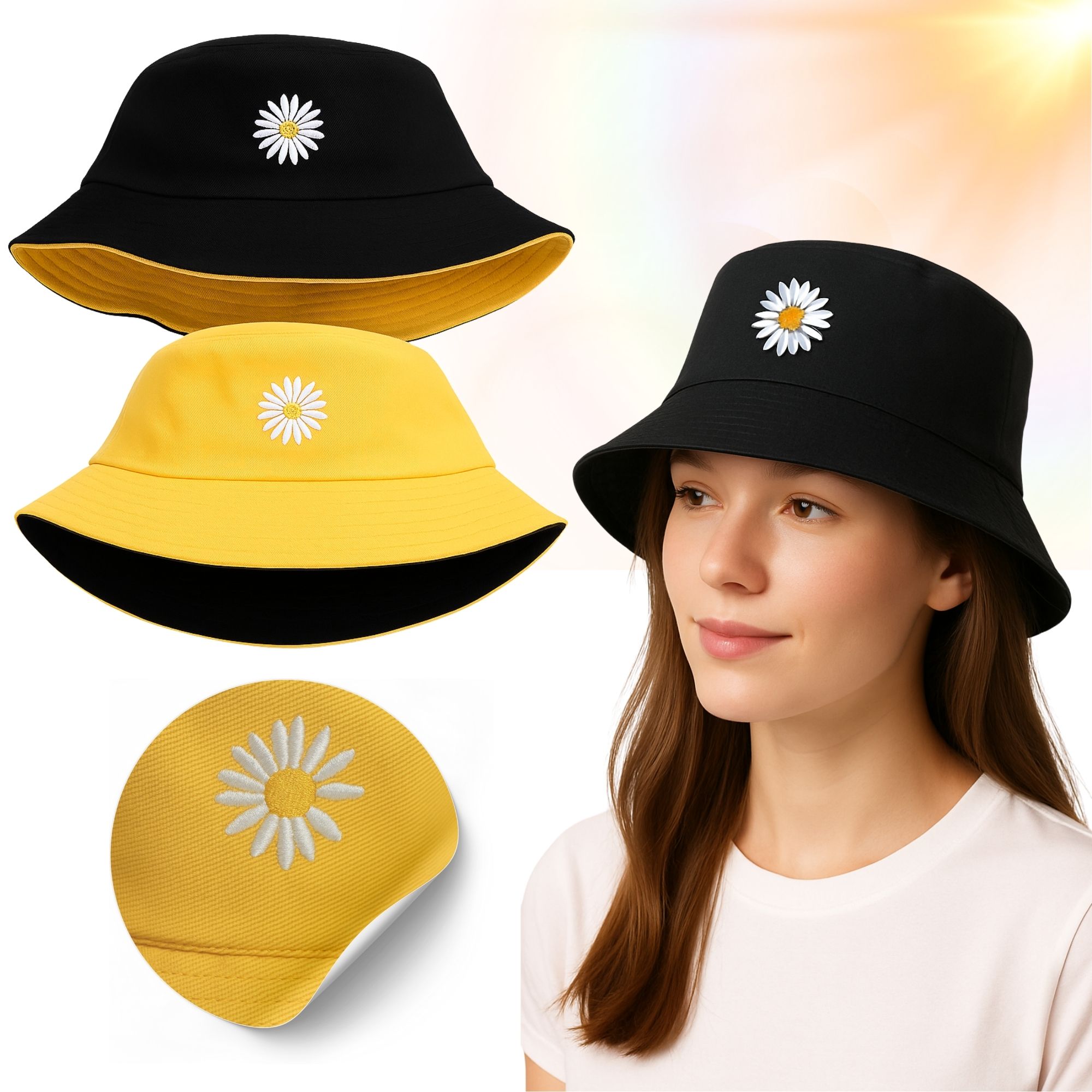 Sombrero Gorro Pescador Bordado Doble Faz Bucket Hat Moda