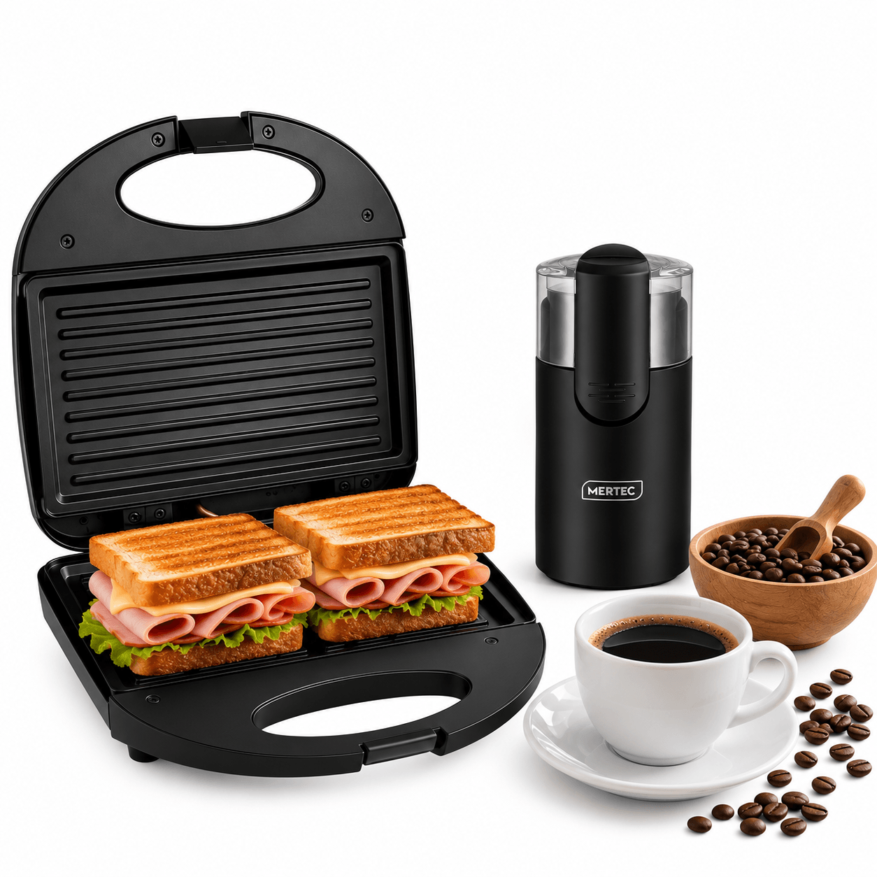 Combo Mertec Saduchera Gril + Molino de Café y Granos Eléctrico Negro